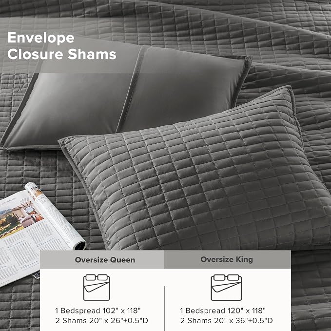 Comfort Spaces Oversized Bedspread King Quilt Set 3 PC 120 x 118 Charcoal | Coverlet for Summer Soft Cozy Lightweight All Season Quilted Extra Layer with Matching Sham, Bedroom Decor OEKO-TEX Certified