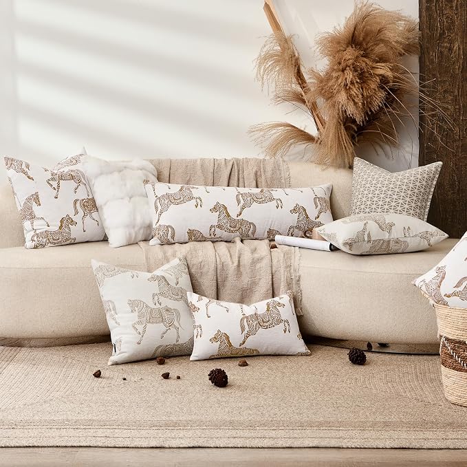 Lumbar Pillow Covers 12x20 inches, Double Sided Orange Horse Pattern Jacquard Embroidery Pillow Cover, Luxury Throw Pillow Cushion Cover for Sofa Bed Decor