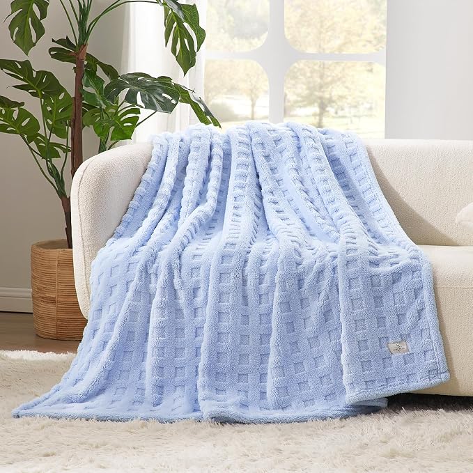 Cozy Bliss Ultrasoft Waffle Throw Blanket, Fluffy Cute Plush Blanket for Couch, Bed, Modern Home Accent, Portable for Picnic or Outdoor, Light Blue, 66"x90"
