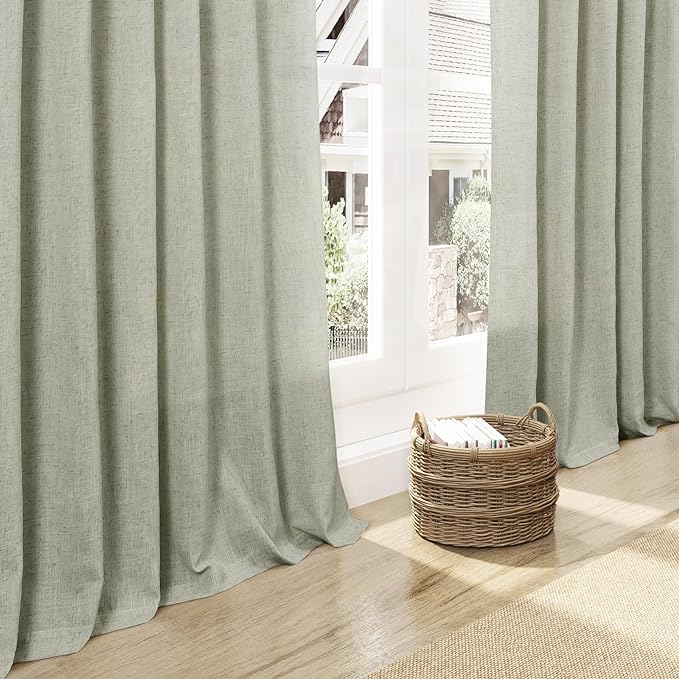 Sage Green Linen Curtains 63 Inches Length 2 Panels Set for Living Room Back Tab Pocket Light Filtering Semi Sheer Drapes Cotton Linen Textured Pale Green Window Curtain 52X63 Inches