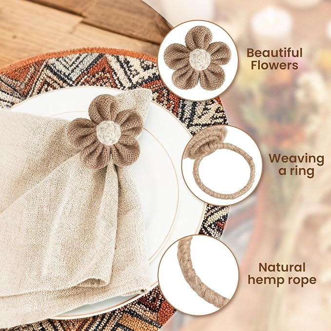 Napkin Rings Set of 12 Handmade Rustic Napkin Rings Reusable Boho Napkin Ring for Elegant Dining Table Decoration Perfect for Christmas, Thanksgiving, Wedding, Holiday, Everyday Use
