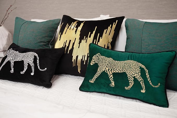 vctops Soft Velvet Embroidery Lumbar Decorative Throw Pillow Covers Leopard Pattern Cushion Case for Sofa Bedroom Couch (Green,12"x20") (Pack of 2)