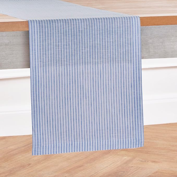Solino Home 100% Pure Linen Table Runner, 14 x 90 in, Blue and White Stripe | Narrow Stripe, styles dining tables for meals and celebrations, European flax fibres, soft to the touch, OEKO-TEX Certified