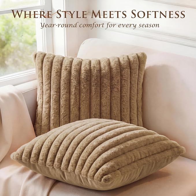 Pack of 2 Throw Pillow Covers 20x12 Decorative Solid Plush Faux Fur with Soft Velvet Back, Square Striped Cushion Cases Modern Farmhouse Home Decor for Living Room Couch Sofa Bed Khaki