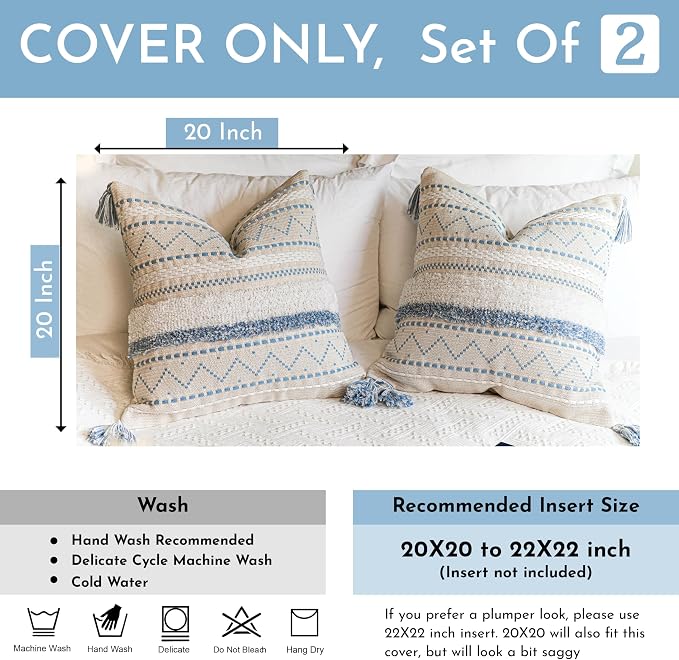 BlissBlush Decorative Throw Pillow Covers 20x20 Combo Set of 2 Square Coastal Blue Boho Accent Pillowcase Tassels Farmhouse Cushion for Couch Sofa Bedroom Living Room Home Décor Cover ONLY