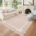 COZYLOOM 9x12 Dining Room Rugs for Under Table, Machine Washable Area Rugs for Bedroom, Non Slip Non Shedding Scalloped Border Rug Stain Resistant Low Pile Bow Carpet for Living Room, Nursery, Camel