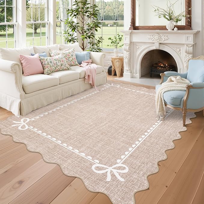 COZYLOOM 9x12 Dining Room Rugs for Under Table, Machine Washable Area Rugs for Bedroom, Non Slip Non Shedding Scalloped Border Rug Stain Resistant Low Pile Bow Carpet for Living Room, Nursery, Camel