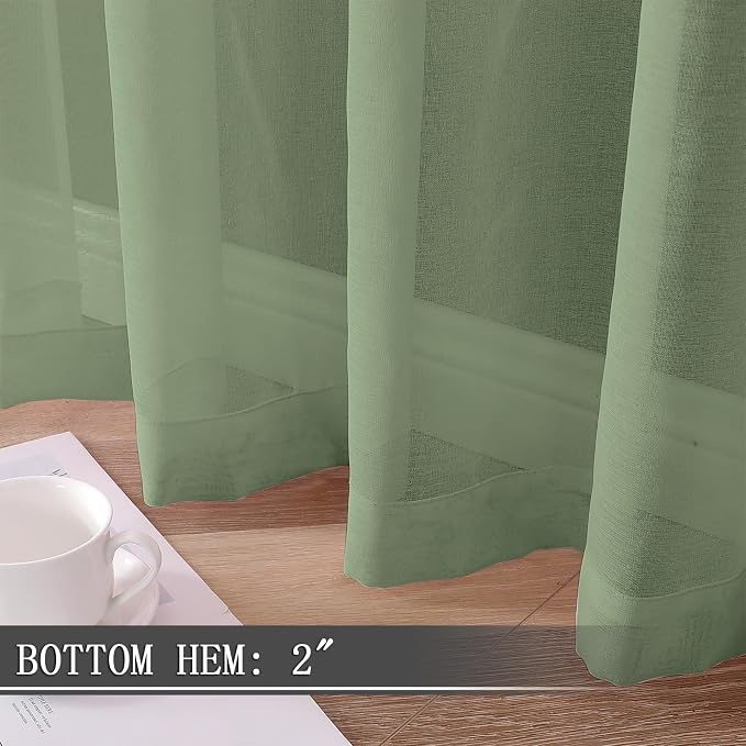 Tollpiz Sheer Curtains Linen Textured Living Room Curtain Sheers Light Filtering Rod Pocket Voile Curtains for Bedroom, 42 x 63 inches Long, Sage Green, Set of 2 Panels