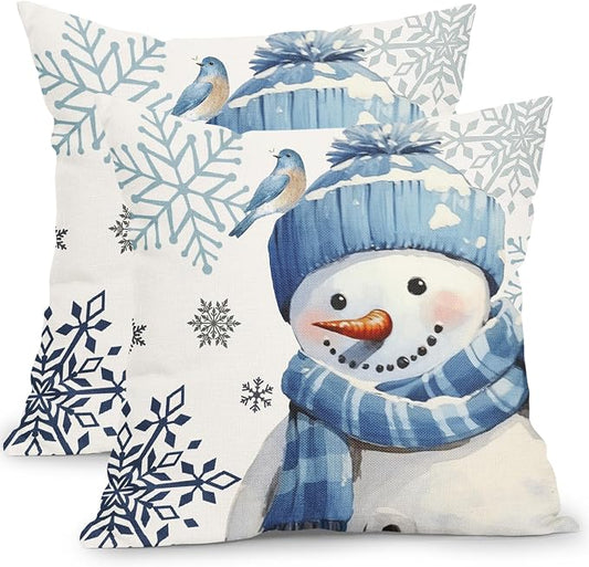 Kawani Winter Snowman Snowflake Pillow Covers 16x16 Inch Blue Christmas Throw Pillow Covers Set of 2 Xmas Winter Holiday Pillowcases Cotton Linen Cushion Covers for Couch Home Decor