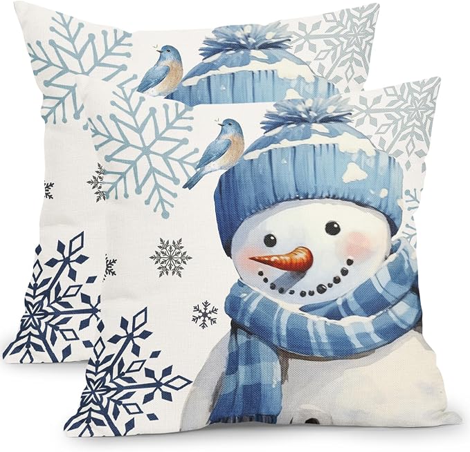 Kawani Winter Snowman Snowflake Pillow Covers 18x18 Inch Blue Christmas Throw Pillow Covers Set of 2 Xmas Winter Holiday Pillowcases Cotton Linen Cushion Covers for Couch Home Decor