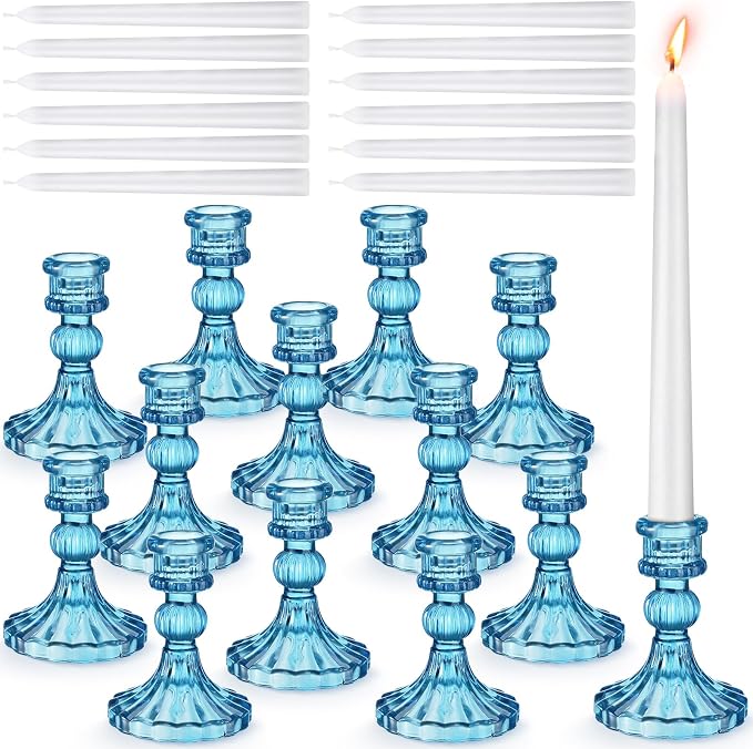 24 Pcs Glass Candle Holder Set 12 Candlestick White Candles,Blue | Clear Glass Holders with Taper Candles for Wedding Party Dinner Table Centerpiece, Elegant Classic Design Event Decor