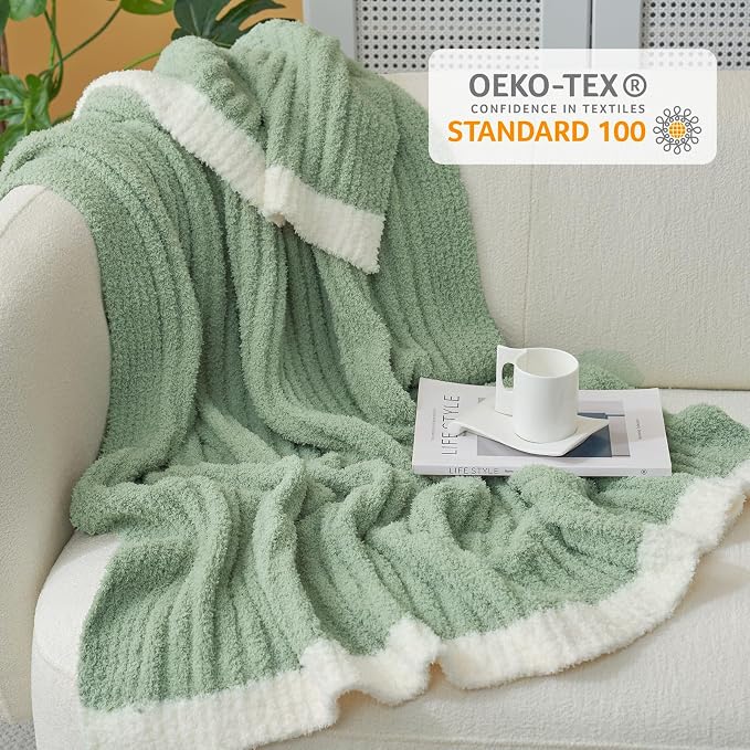 Snuggle Sac Fluffy Ribbed Sage Green Blanket Twin Size, Soft Luxurious Knit Fuzzy Microfiber Blankets for Sofa, Bed, Sage Green, 60x80 inches