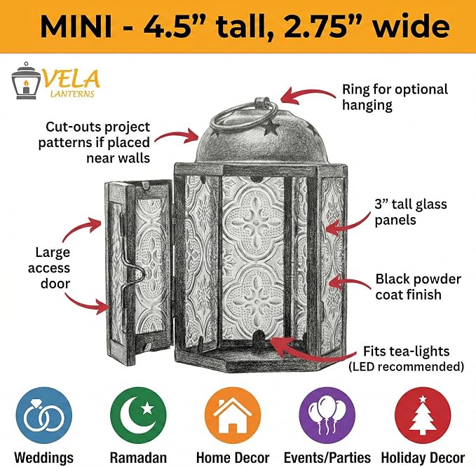 Mini Halloween Tea Light Candle Holder Centerpieces – 4.25" Small Decorative Moroccan Lantern for Table or Hanging, Metal with Glass Panels – Ramadan, Wedding, Home Decor, Amber Orange (Set of 4)