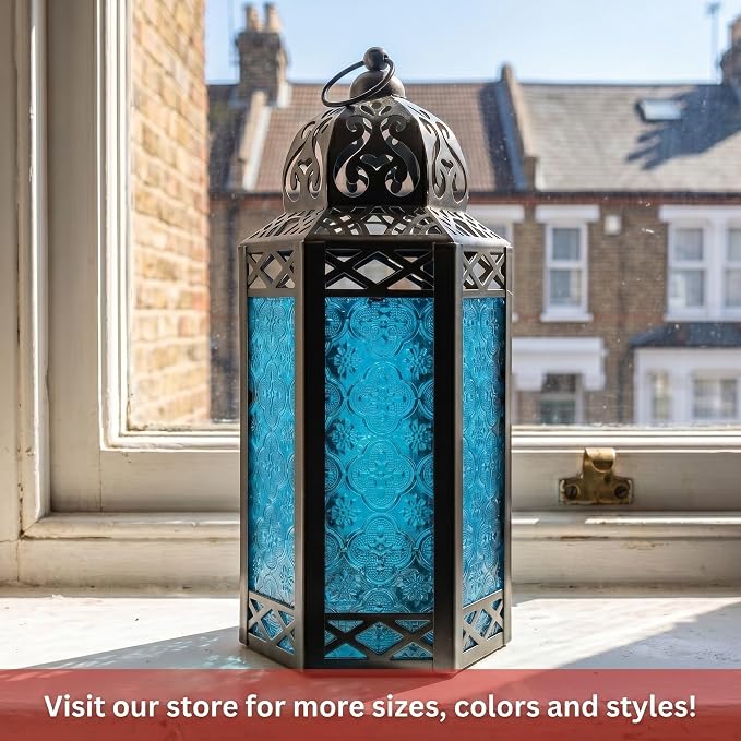 Vela Lanterns Decorative Indoor Candle Holder Table Centerpieces - Moroccan Hanging Outdoor Patio & Porch Home Decor, Turkish Lamp for Wedding, Ramadan (Large 12", Blue Glass)