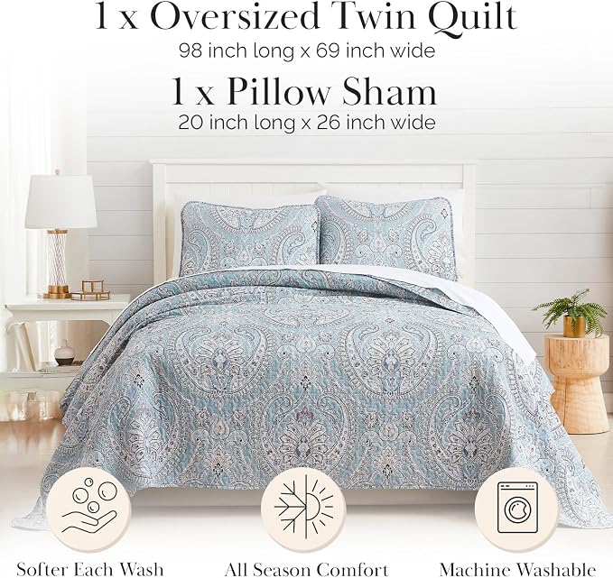 Southshore Fine Living, Inc. Twin XL Quilt Set, Dorm Bedding Essentials, Stain Resistant, Machine Washable Paisley Boho Bed Spread, Twin XL Quilt Bedspread Set w/Quilted Pillow Sham, Paisley Aqua