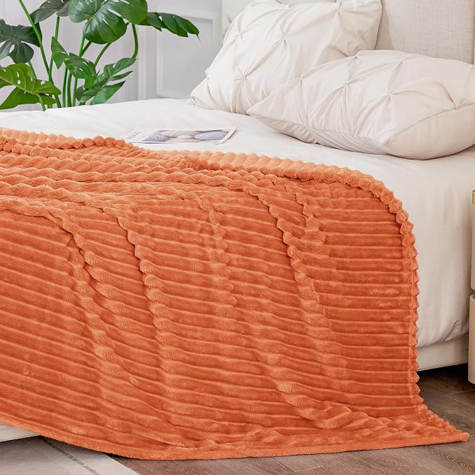 BEDELITE Ribbed Jacquard Burt Orange King Size Blanket for Bed, 108x90 Inch | Soft Warm Decorative Fluffy Blanket, Cozy Fuzzy Lightweight Plush Fleece Throw Blankets for Bed, Room Decor, Gift for Women