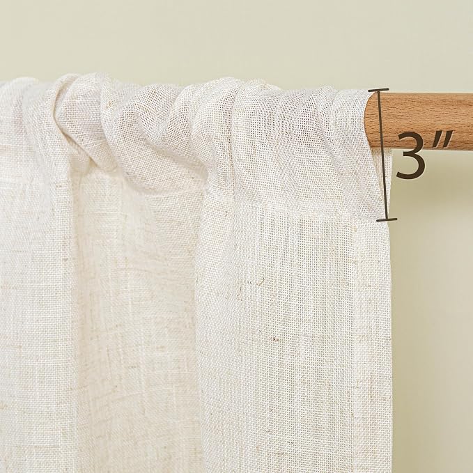 MYSKY HOME Kitchen Semi Sheer Linen Curtains 24 Inch Long, Light Filtering Window Panels Rod Pocket Valance Neutral Drapes for Small Window/Cafe/Bathroom Basement, Linen, 2 Panels, 34 x 24 Inch