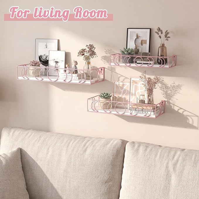 PHAREGE Moon Phase Floating Shelves White Pink, Set of 3