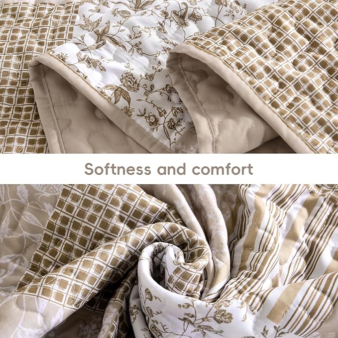 Mybedsoul Boho Quilts Queen Size, Beige Patchwork Floral Bedding Set | Soft Lightweight Microfiber Coverlet Set, 3 Pieces Plaid Reversible Bedspread, Bed Sets for All Seasons 96"x90"