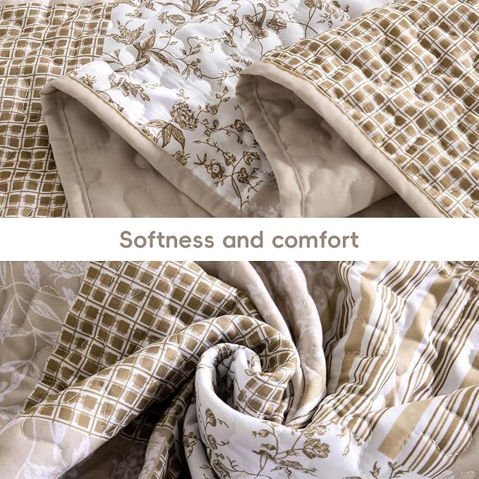 Mybedsoul Beige Boho Quilt King Size, Patchwork Floral Bedding Set | Soft Lightweight Microfiber Reversible Coverlet Set, 3 Pieces Plaid Bedspread, Bed Sets for All Seasons 90"x110"