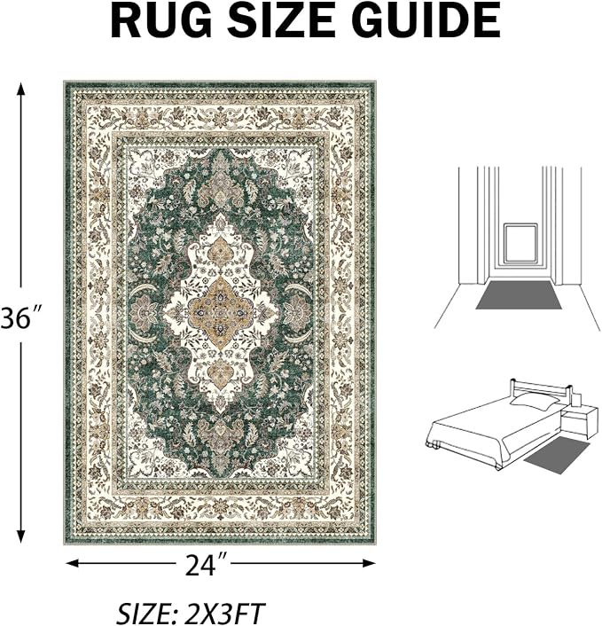 AooHHooA 2x3 Washable Entryway Rug Green, Soft Stain Resistant 2x3 Boho Rug Vintage Small Rugs for Entryway, Low Pile Lightweight Non-Slip Indoor Door Mat Small Rugs for Bedroom Bathroom