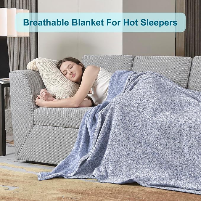 KAWAHOME Summer Sweatshirt Blanket for Bed Lightweight Soft Thin, 71" × 79" | Breathable Jersey Blankets for Hot Sleepers in Air-Conditioned Room, Home Decor Holiday Gift, Heather Blue