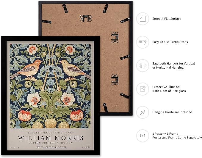 Poster Master William Morris Poster - Strawberry Thief Print - Bird Art - Botanical Art - Flower Artwork - Exhibition Creation - Animal Piece - Floral Illustration - Office or Bedroom Wall Decor - 11x14 Black Framed
