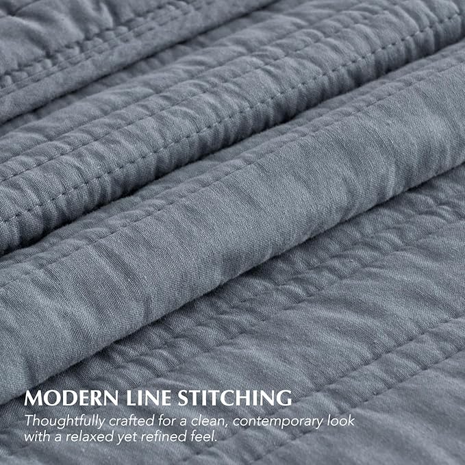 EVERGRACEHOME 100% Cotton Modern Lines Quilt Set King Size, Smoky Blue | Pre-Washed Soft Cotton, Striped Coverlet Bedspread, 3 Piece Lightweight Bedding Set for All Season, with 2 Pillow Shams