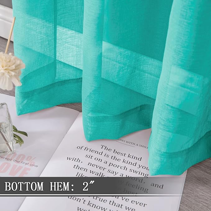 Tollpiz Short Sheer Curtains Linen Textured Bedroom Curtain Sheers Light Filtering Rod Pocket Voile Curtains for Living Room, 54 x 45 inches Long, Aqua Blue, Set of 2 Panels