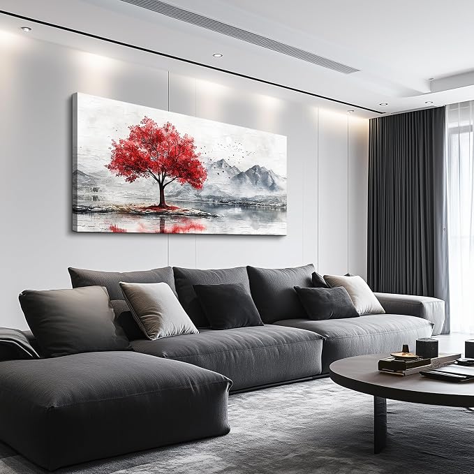 QIYILEXWART Large Wall Decor For Living Room Canvas Wall Art For Office Modern Wall Decorations For Bedroom Red Tree Landscape Painting Farmhouse Pictures Artwork Room Home Decor 24x48 In