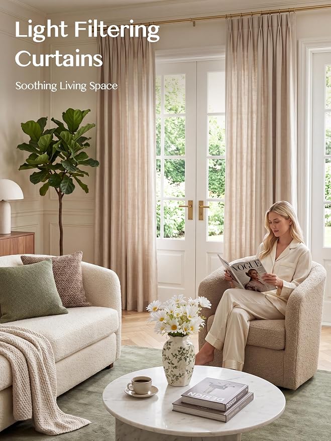 Pinch Pleated Linen Curtains 84 Inch Length 2 Panels, Light Filtering Linen Blend Drapes 40" W x 84" L, Natural Tapioca Neutral Curtains for Living Room Bedroom with Hooks