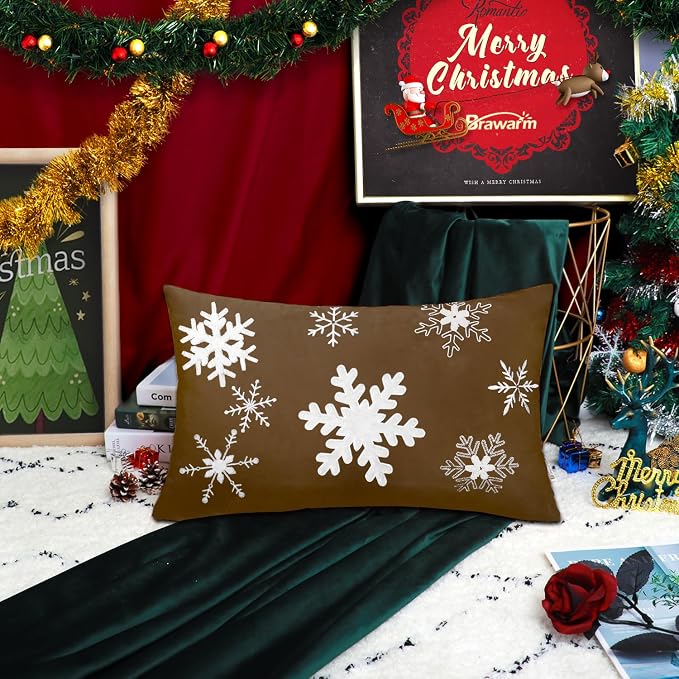 BRAWARM Christmas Pillow Cover 12 X 20 Inches, Brown Snowflake Embroidered Lumbar Pillow Cover, Soft Velvet Decorative Throw Pillow for Couch Bed Sofa Living Room Home