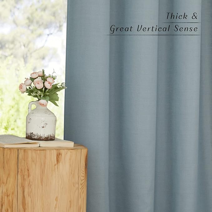 NICETOWN Thick Linen Stone Blue Curtains for Living Room, Rod Pocket & Back Tab Flax Linen Burlap Vertical Drapes Privacy Assured with Light Filtering for Bedroom, W55 x L84, 2 Pieces