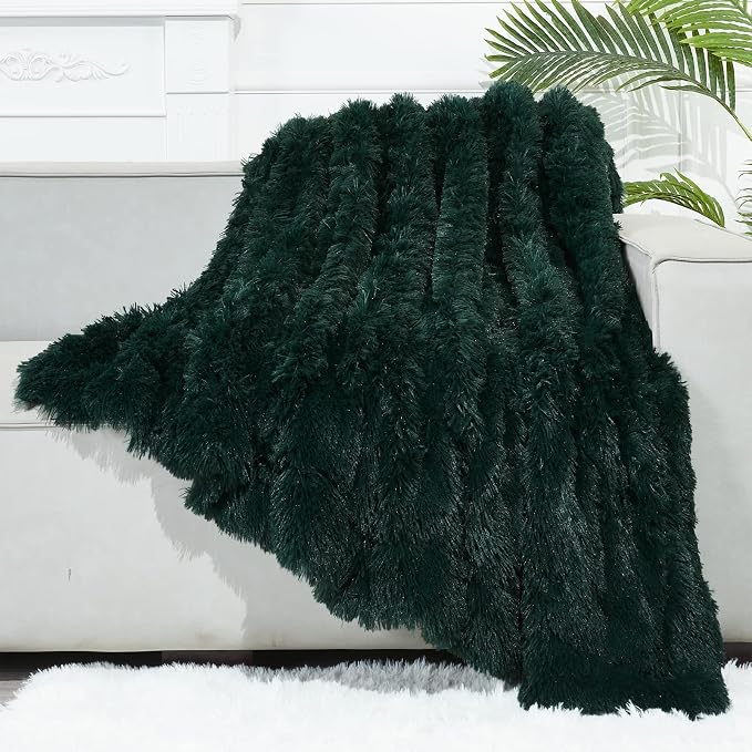 GONAAP Fuzzy Faux Fur Twin Blanket for Couch, Forest Green, 60"x80" | Warm Cozy Plush Shaggy Decorative Reversible Thick Non-Heated Fleece Blanket for Sofa Bed, Gift for Women Men, All Season Use
