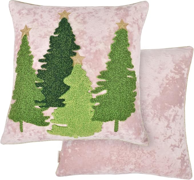 Christmas Tree Pillow Covers 18x18, Embroidered Velvet Christmas Throw Pillow Covers Christmas Decorations Holiday Pillows for Home Couch,Pink Blush/Green
