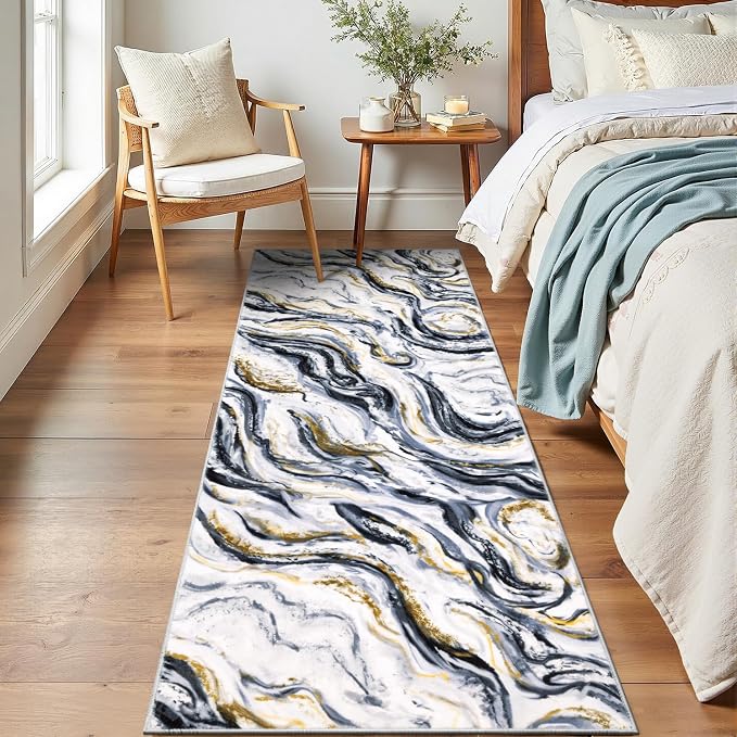 Yamaziot 2x6 Washable Modern Abstract Runner Rug Non-Slip for Hallways | Stain Resistant Kitchen Rug with Rubber Backing, Low Pile, Ultra Soft Carpet Runner for Bedroom, Laundry, Entrance,Black