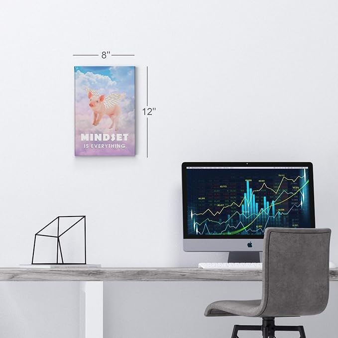 Smile Art Design Mindset is Everything Cute Pig with Wings Flying in Sky Motivational Canvas Wall Art Inspirational Wall Art Entrepreneur Quote Print Office Living Room Decor Gift Ready to Hang 12x8