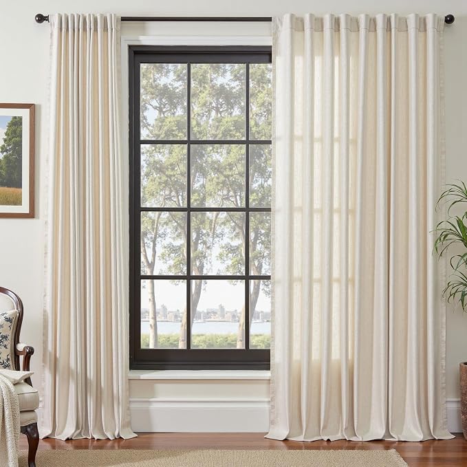 jinchan Linen Curtains Light Filtering Back Tab 84x90 Inch 1 Panel Beige | Semi Sheer Curtains 90 inch length for Bedroom Living Room, Modern Farmhouse Drapes with Rod Pocket, Natural Boho Curtains