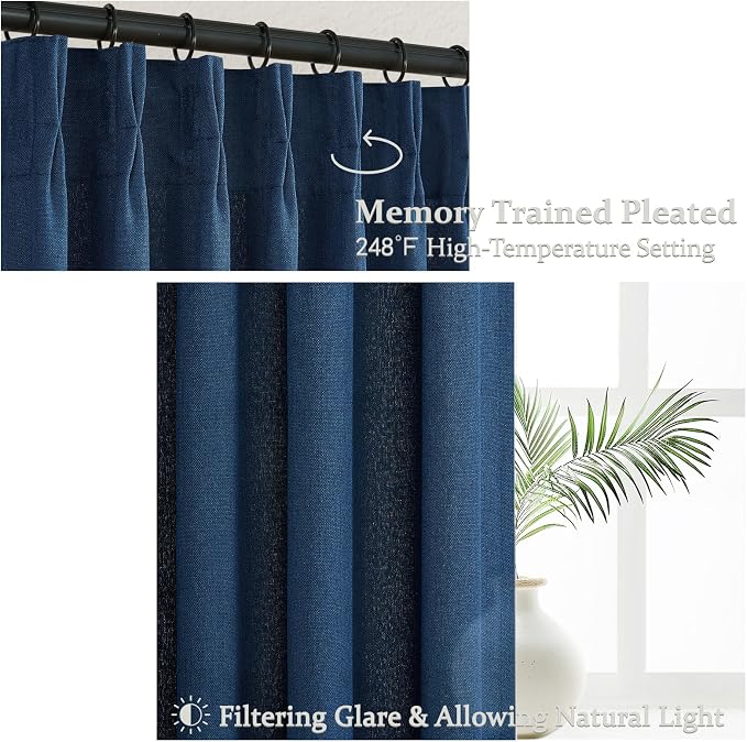 Navy Extra Long Light Filtering Sheer Curtains 108 Inches Long for Living Room 2 Panels with Ceiling Track, Textured Linen Pleated Curtains & Drapes 108 Inch Length Dinning Room Lush Decor Dark Blue