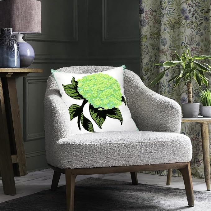 Alysheer Spring Hydrangea Embroidered Decorative Throw Pillow Covers 18"x 18" Set of 2, Summer Floral Tufted Patterned Green Cotton Cushion Cases for Couch Bed Living Room Decor