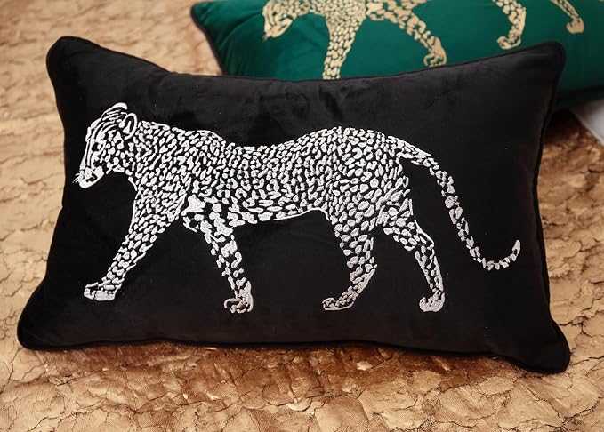 vctops Soft Velvet Embroidery Lumbar Decorative Throw Pillow Covers Leopard Pattern Cushion Case for Sofa Bedroom Couch (Black,12"x20")