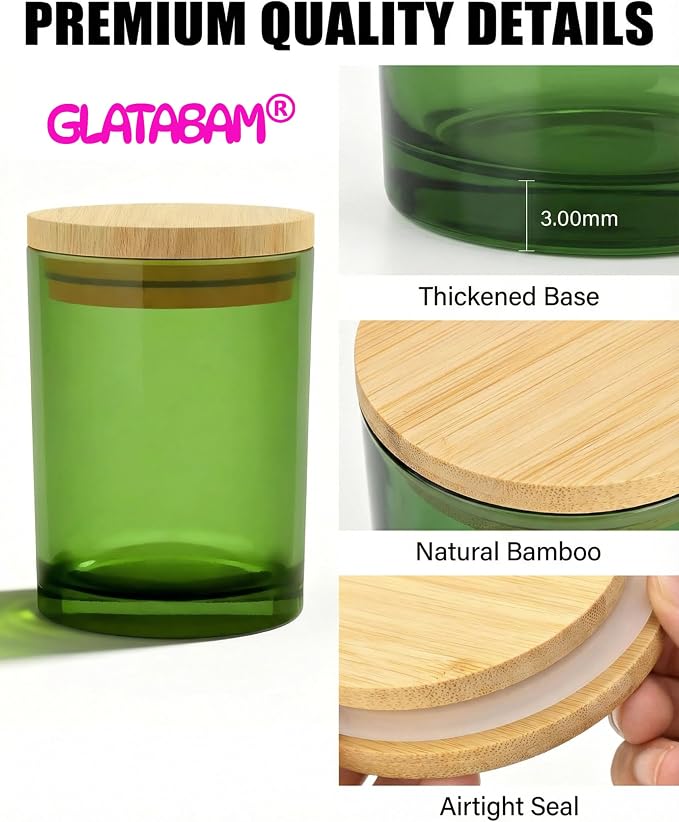 GLATABAM 10 OZ Candle Jars 12 Pack - Bulk Glass Candle Making Jars with Bamboo Lids & Labels, Heat Resistant Empty Reusable Candle Vessel for Containers(Green)