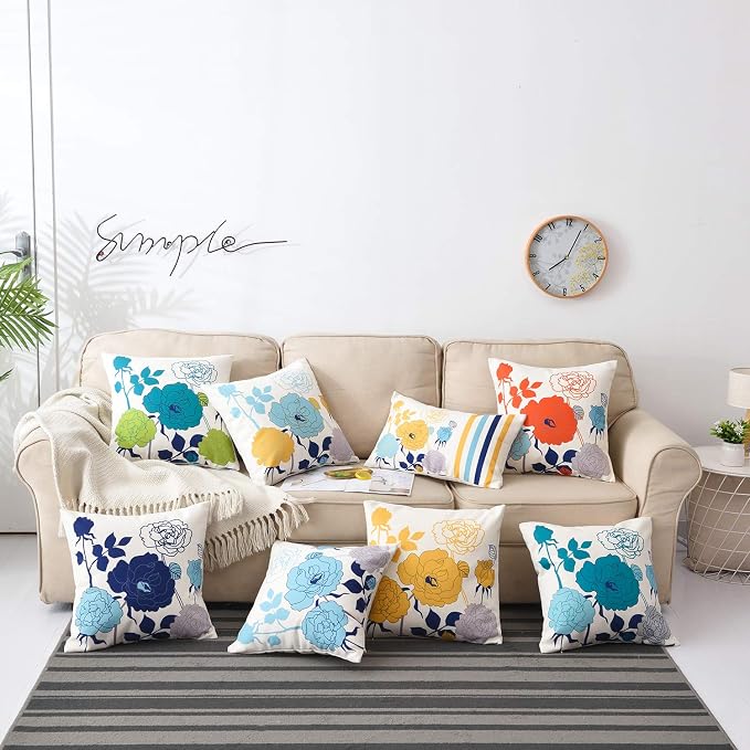 Blue Yellow Floral Pillow Covers 26x26 Set of 2 Thick Cotton Linen | Durable Thick Cotton Linen Material, Soft Breathable Floral Decor, Suitable For Spring Summer Couch Bed & Outdoor Patio Porch