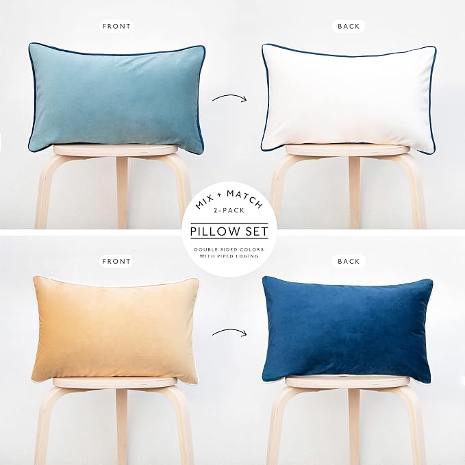 MONDAY MOOSE Decorative Throw Pillow Covers Cushion Cases, Set of 2 Soft Velvet Modern Double-Sided Designs, Mix and Match for Home Decor, Pillow Inserts Not Included (12x20 inch, Blue/Beige)