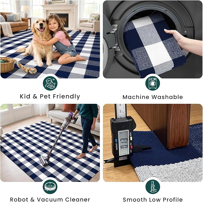 KOZYFLY Buffalo Plaid Area Rugs 2.3x3.6 Ft Blue and White Door Rug | Washable Front Door Mat, Woven Cotton Indoor Outdoor Rug, Checkered Doormat for Front Porch Kitchen Entryway Patio Farmhouse