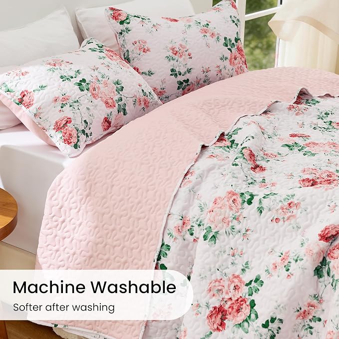 EXQ Home Printed Quilt Set Full Queen Size Pink Daphne Bedspread Set | Bedding Set For All Season Use, Soft & Breathable Coverlet,3-Piece Set Includes 2 Shams, Machine Washable