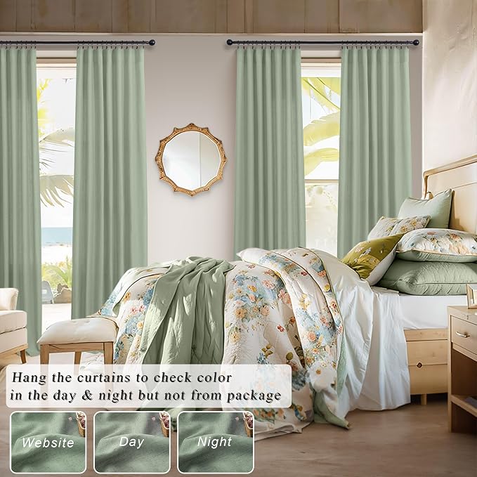 Sage Green Curtains 84 Inch Length for Living Room 2 Panels Back Tab Rod Pocket Drapes Light Filtering Sheer Linen Cotton Textured Light Green Curtain for Bedroom Rustic Boho Farmhouse Decor 7 FT Long