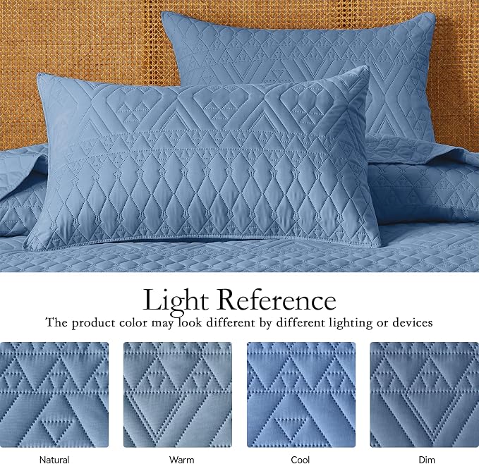 Akkialla King/Cal King Quilt Set, Boho Style in a Solid Color, Bluish Grey Lightweight Microfiber Bedspread, Soft and Breathable Coverlet for All Seasons, 3-Piece Bedding Set (1 Quilt, 2 Pillow Shams)