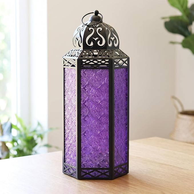 Vela Lanterns Decorative Indoor Tall Floor Candle Holder, Purple, XL | Extra Large Gothic Whimsigoth Decor, Moroccan Lantern, Halloween Witch Lamp, Indoor Outdoor Patio, 16.3" Tall