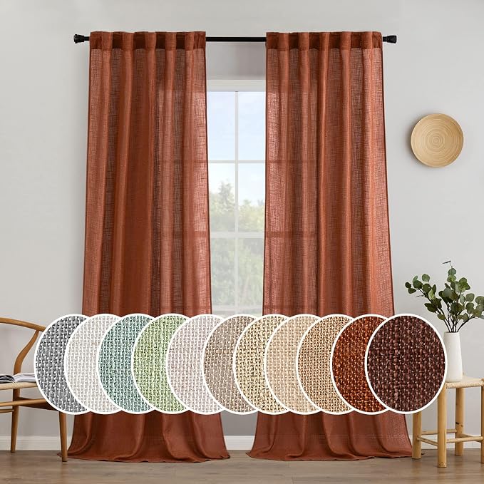 MIULEE Burnt Orange Fall Linen Curtains 120 Inch with Thick Linen Textured | Textured Window Drapes, Terracotta Rust Fall Decor, Semi Sheer Light Filtering, Rod Pocket Back Tab, 2 Panels 10 Ft